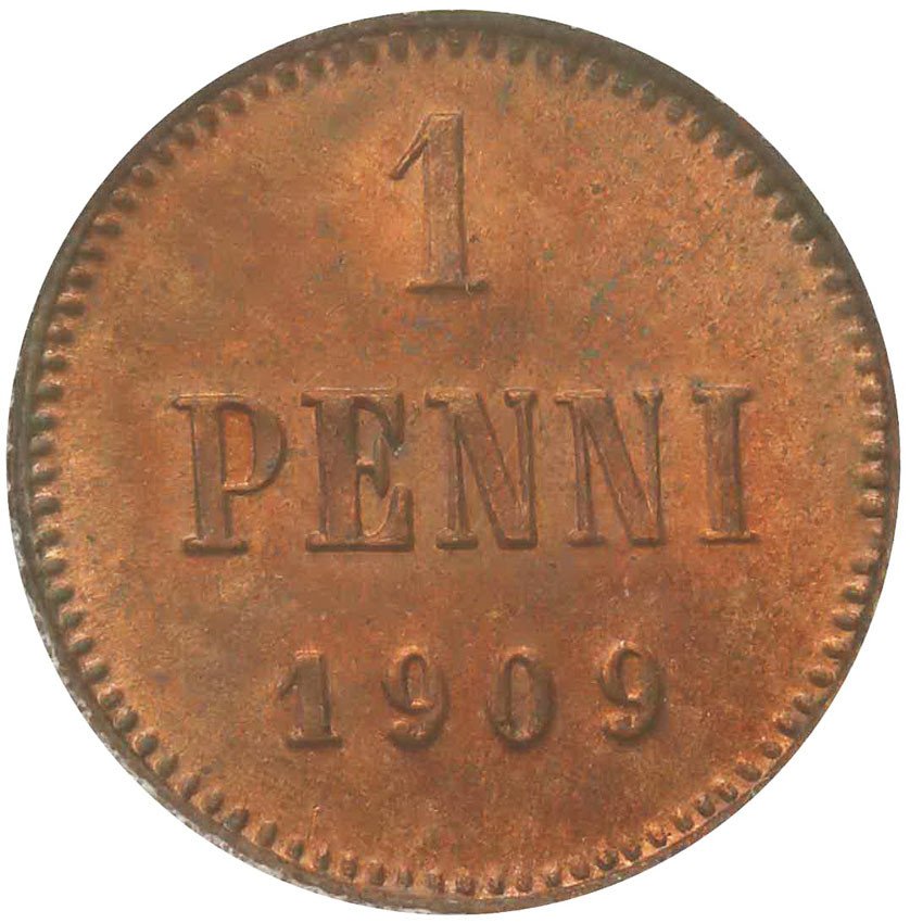 Rosja / Finlandia. Mikołaj II. 1 Penni, 1909 NNC MS 67 RED